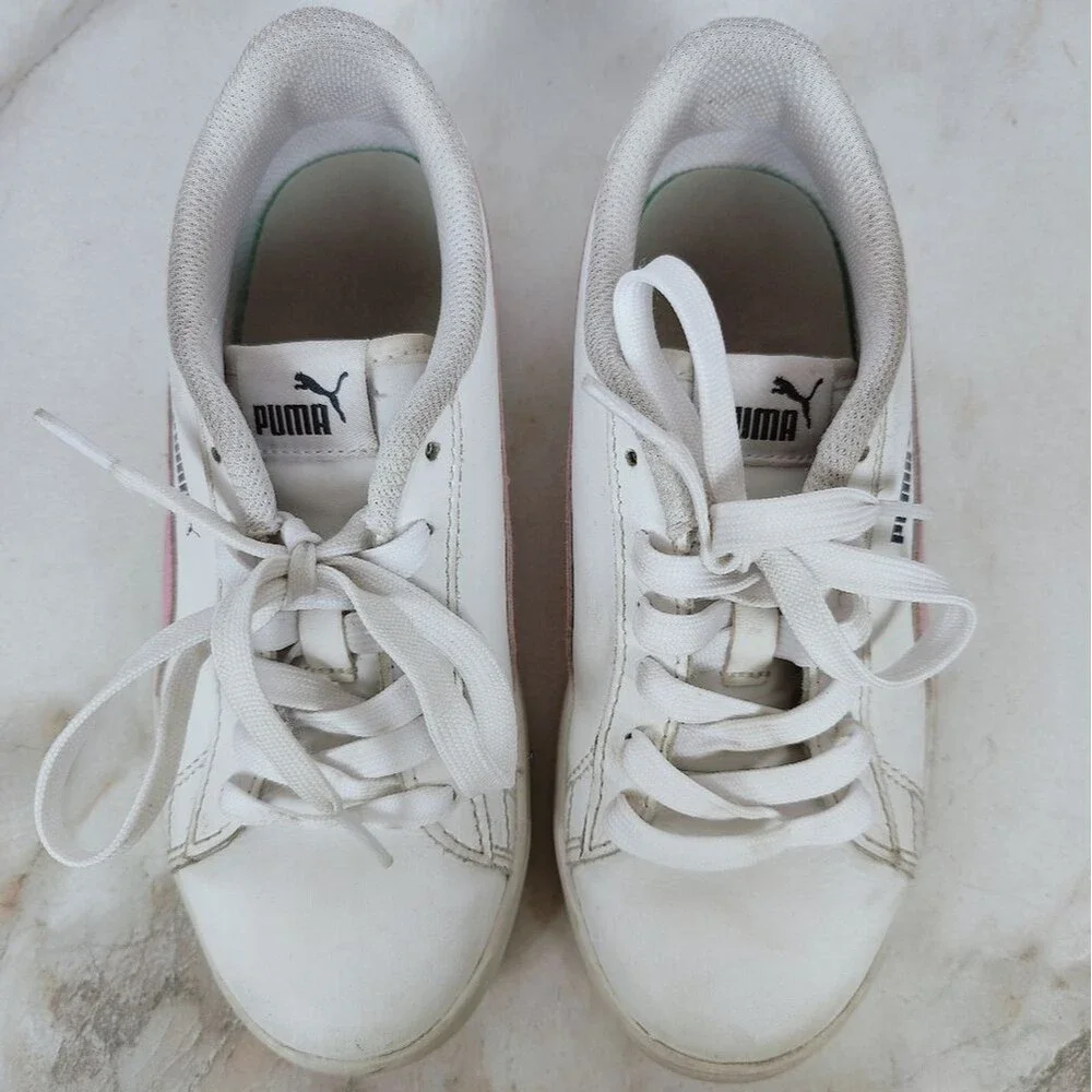 Puma Girls' Kids' Smash V2 L White Pink Low Sneakers Tennis Shoes, Sz 3C